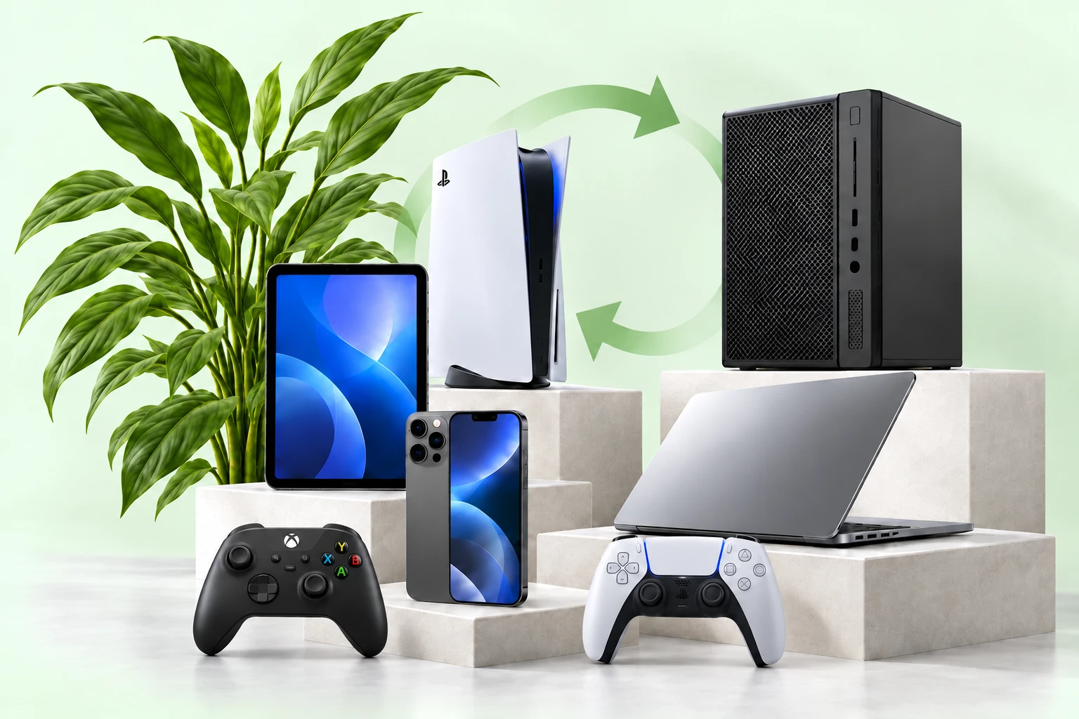 Smartphone, tablet, PS5, portátil e torre de computador, com uma planta e setas de reutilização